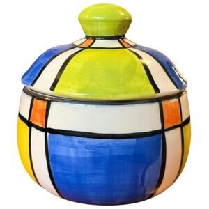 Vintage Christine Harris New Zealand Pottery Sugar Bowl Geometric Hand Painted